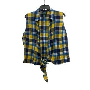 Lauren Ralph Lauren Linen Crop Wrap Top Size XL Sleeveless Plaid Yellow Blue Tie